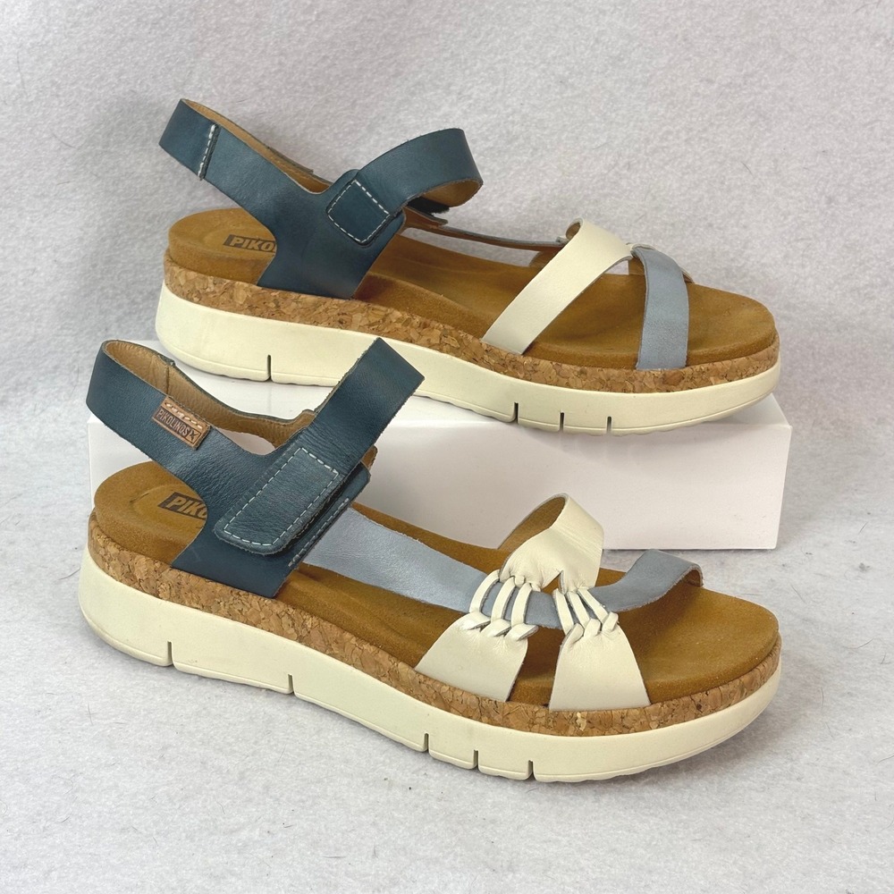 Pikolinos Palma Wedge Leather Platform Sandals Blue White Womens 11 Boho Coastal